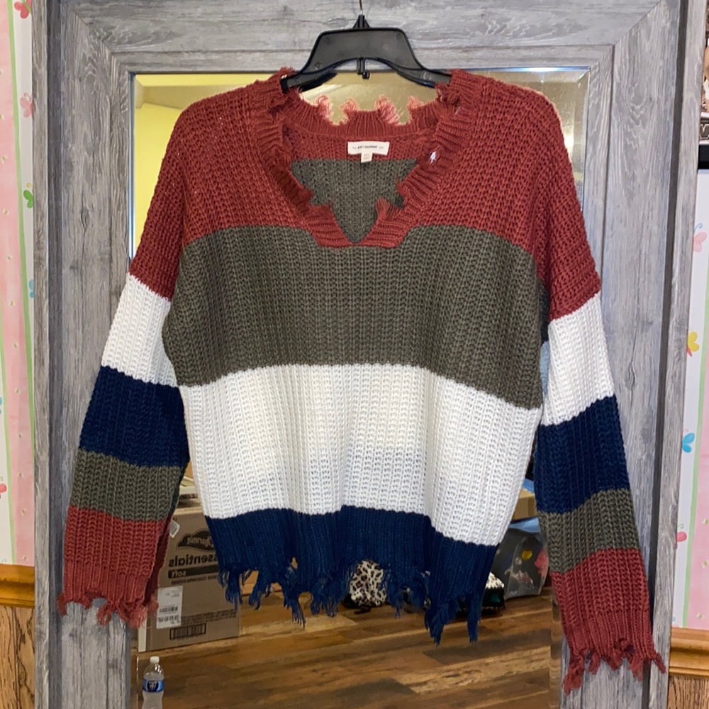 Boutique Striped Frayed Sweater